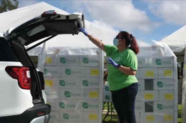 Worker loads box of Government Assistance food into a car