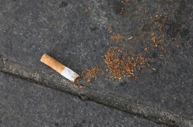 A cigarette butt lies on the street in New York City