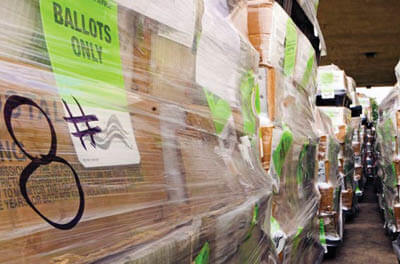 Pallets of mail-in ballots