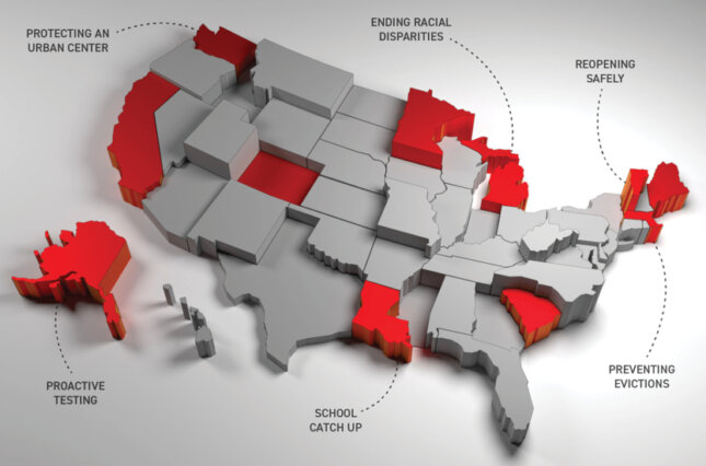 Graphic map of U.S. with call-outs on states that have more successfully managed the pandemic