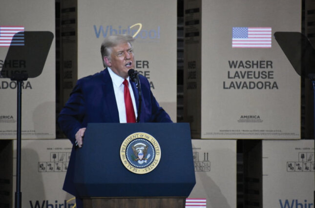 Donald Trump speaking at a Whirlpool manufacturing plant