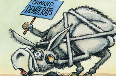 Graphic image of a donkey tied up in its tail holding a sign reading "Onward Democrats"