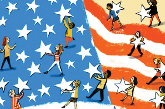 Illustration of people carrying stars as the walk across an American flag