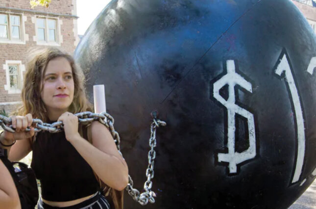 Students pulling a heavy ball representing the total outstanding student debt in the U.S. at over $1.5 trillion.