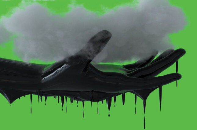 Graphic image of a hand covered with dripping black oil with a cloud floating over it