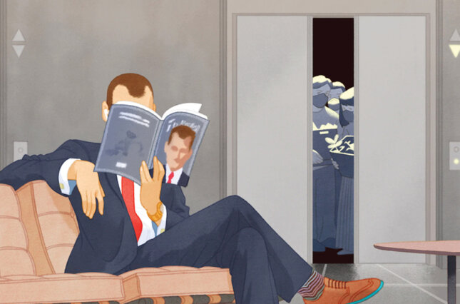 Graphic image of an executive lounging on a couch reading a magazine that he is on the cover of