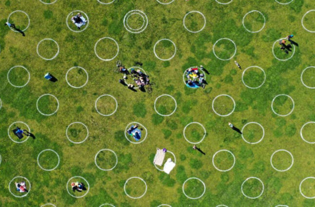 In an aerial view by drone, new social distancing circles are shown at Mission Dolores Park in San Francisco on May 20, 2020.