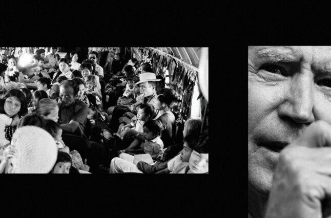 Photo of Biden speaking next to photo of Vietnamese people in airplane