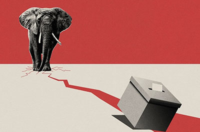 Graphic image of an elephant stomping on the ground and creating a crack that a ballot box about to fall into