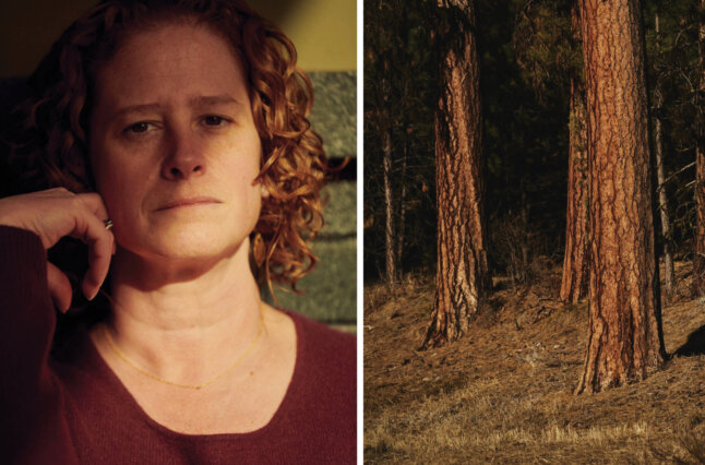 Solemn woman next to trees in the dark