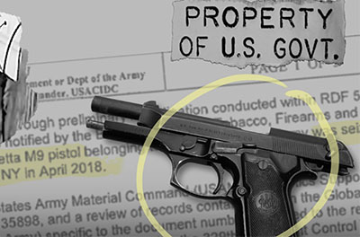 Graphic image of handgun and "property of U.S. government" stamp.