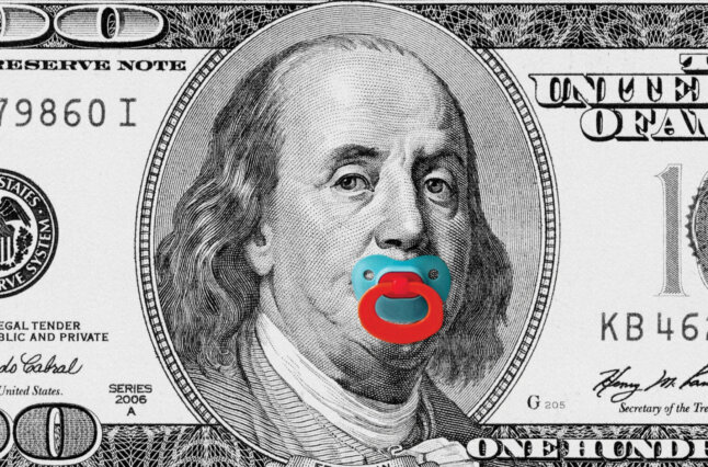 Illustration of one hundred dollar bill with pacifier in Ben Franklins mouth