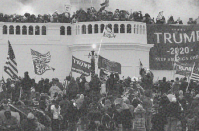 Black and white photo of Trump supporters storming the US capitol