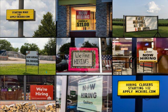 A montage of help wanted signs in Knoxville, Iowa.