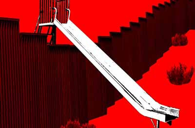 Graphic image of a playground slide providing entry over a border wall