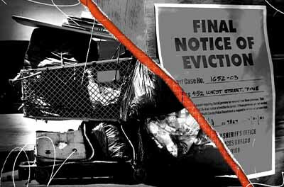 Graphic image of eviction notice and homeless person's shopping cart