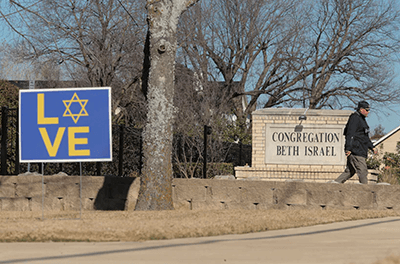 Graphic image of Law enforcement personnel investigating the hostage incident at Congregation Beth Israel Synagogue in Colleyville