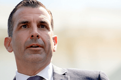 Graphic image of San Jose Mayor Sam Liccardo (D) speaks to reporters after meeting with President Biden at the White House in July.