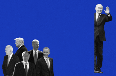 Graphic illustration of Vladimir Putin and five U.S. Presidents by Shoshana Schultz