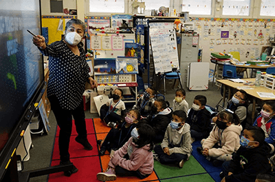 Graphic image of Kindergarten teacher Ana Zavala instructs students at Washington Elementary School in Lynwood, Calif.