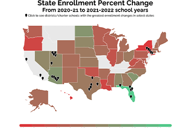 U.S. map showing state enrollment changes in schools