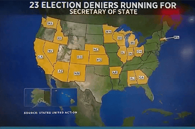 Graphic image showing states in which election deniers are running for Secretary of State