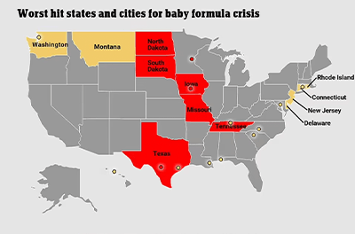 graphic showing the states most affected by the baby formula shortage