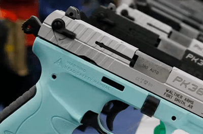 Handguns on display in a gun store