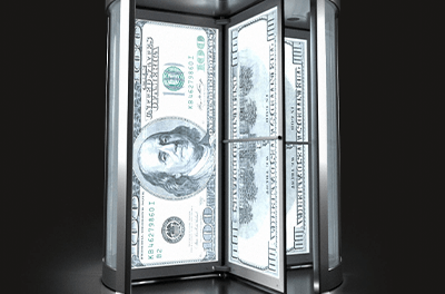 Graphic image of a revolving door made of money