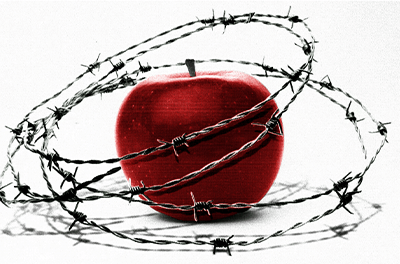 Graphic image of an apple wrapped in barbed wire