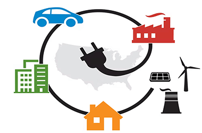 Graphic image of a variety of energy sources - coal, wind, solar, etc.