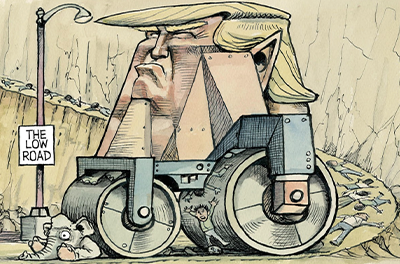 Caricature of Donald Trump as a steamroller