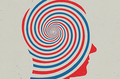 Graphic image of a human head with a red, white, and blue spiral in place of the brain.