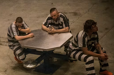 Prison inmates sit at a table.