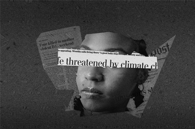 Graphic image of a woman's face surrounded by newspaper headlines.