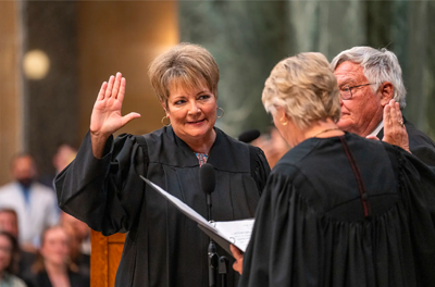 Janet Protasiewicz is sworn in as a State Supreme Court Justice at the Wisconsin State Capitol in Madison on August 1.
