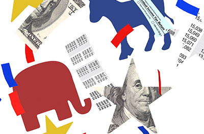Graphic image of elephants, donkeys, dollar bills, and tax forms.
