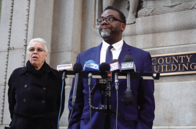 Then-mayoral candidate Brandon Johnson holds a press conference outside Chicago’s City Hall in March 2023.