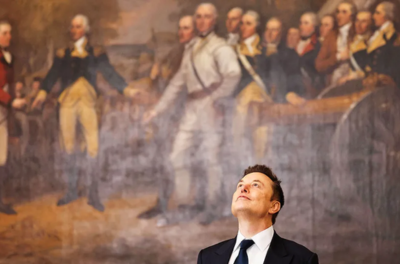 Elon Musk looks up at a painting of George Washington.