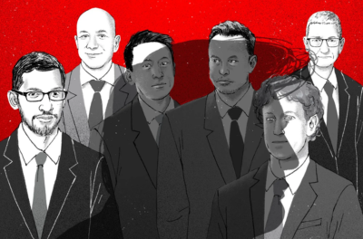 Illustration of tech CEOs Sundar Pichai, Jeff Bezos, a person resembling Sergey Brin, Elon Musk, Mark Zuckerberg, and Tim Cook in suits against a red background.